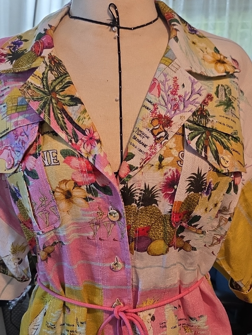 Zimmerman Linen Floral Tropical Print Shirt Dress in Pink and Yellow - Picture 3 of 6